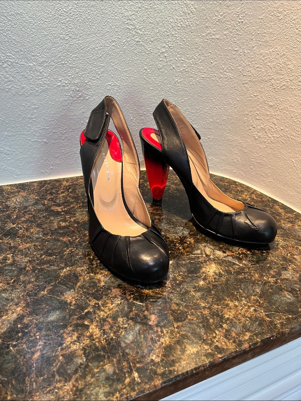 Black Slingback Heels with Red Block Heel - Women